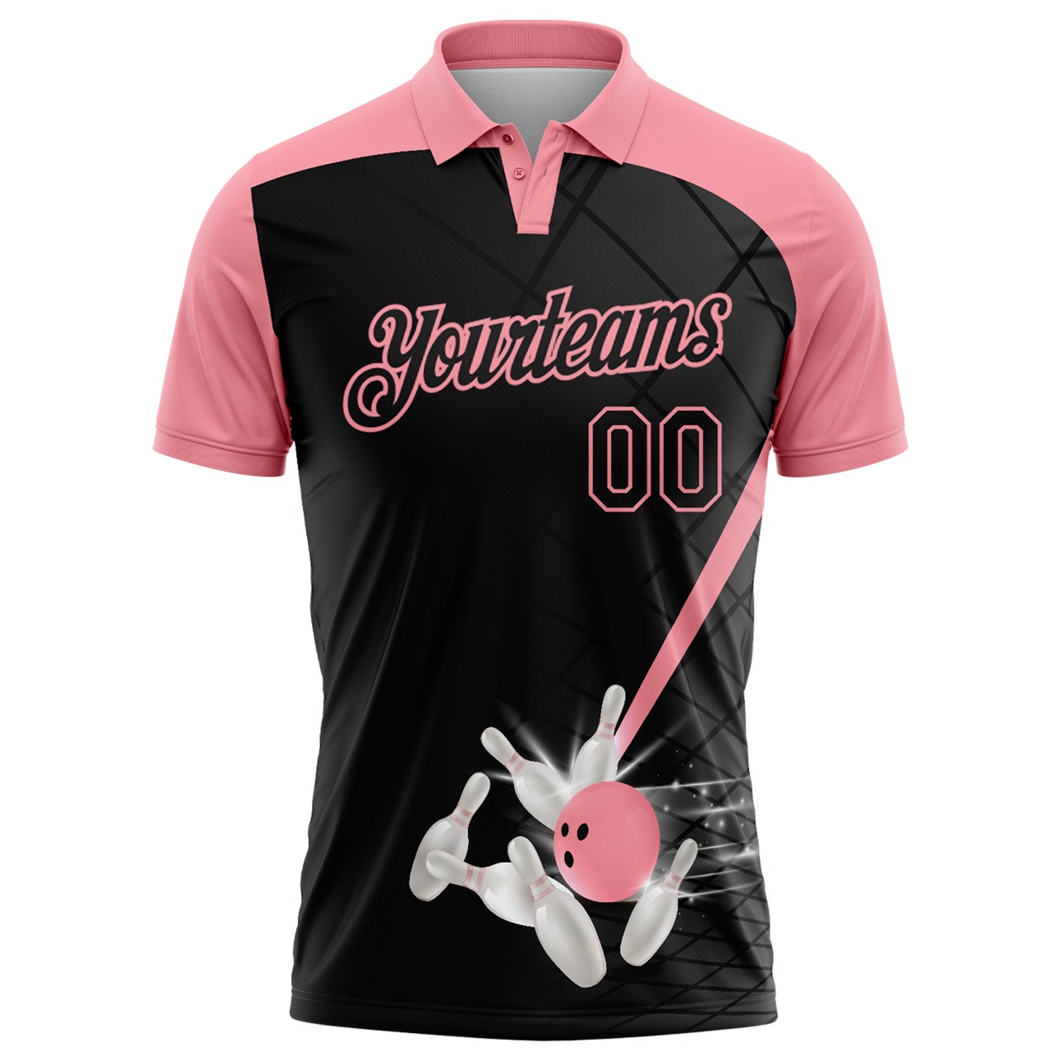 Custom Black-Medium Pink Bowling Geometric Grid Performance Polo Shirt view 2
