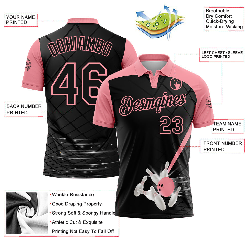 Custom Black-Medium Pink Bowling Geometric Grid Performance Polo Shirt view 3