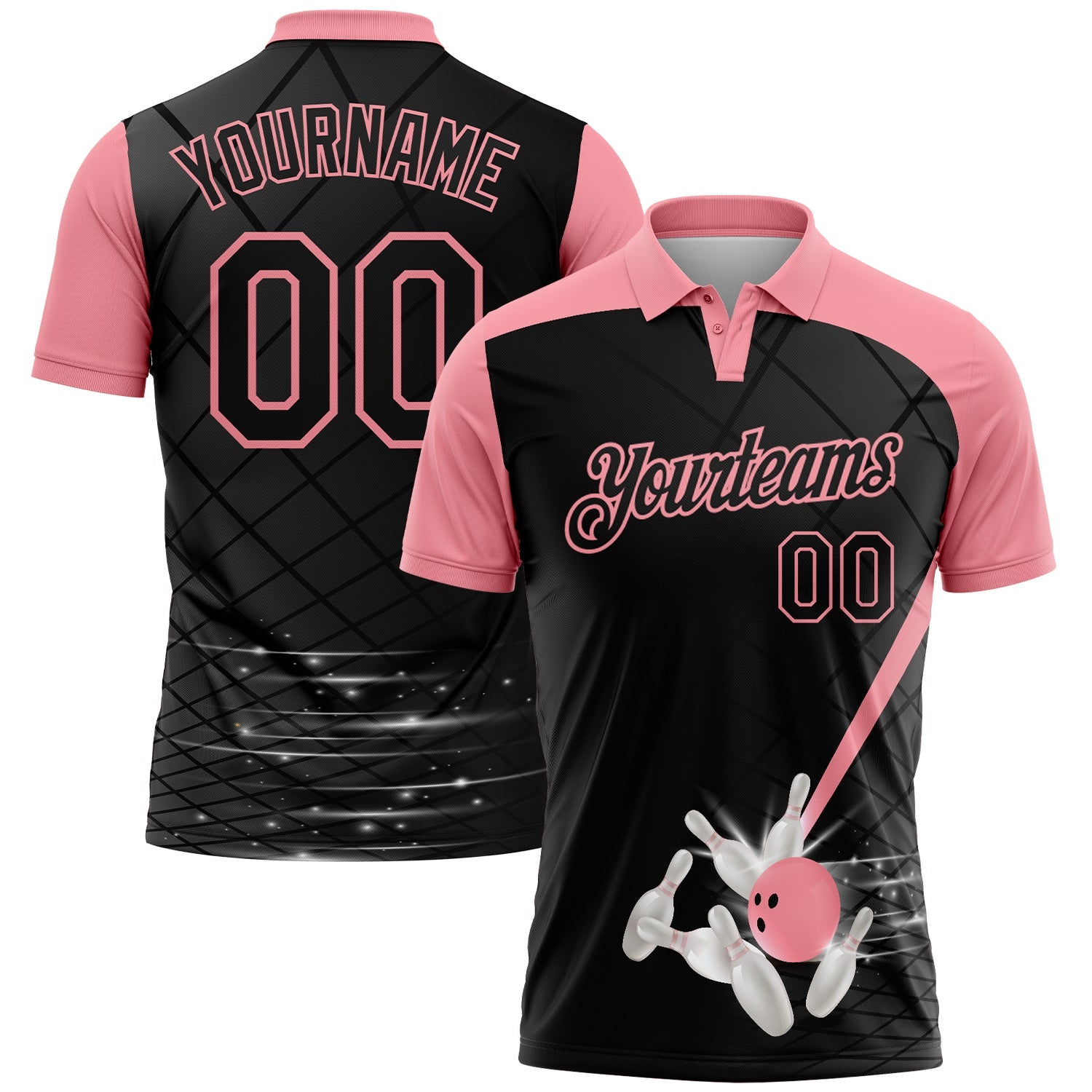 Custom Black-Medium Pink Bowling Geometric Grid Performance Polo Shirt - Main View