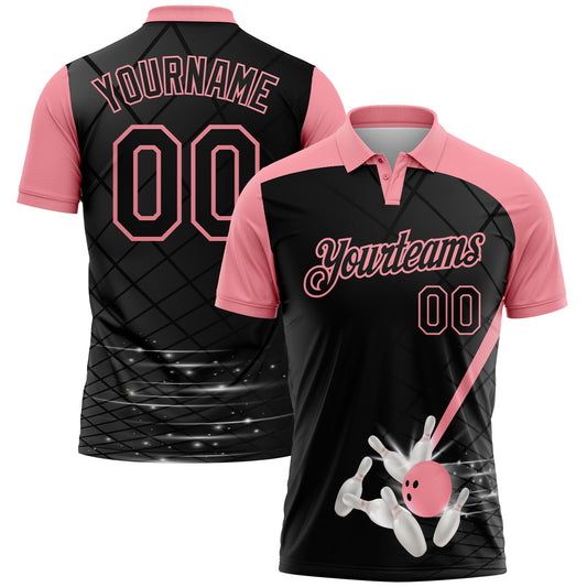 Custom Black-Medium Pink Bowling Geometric Grid Performance Polo Shirt - Main View