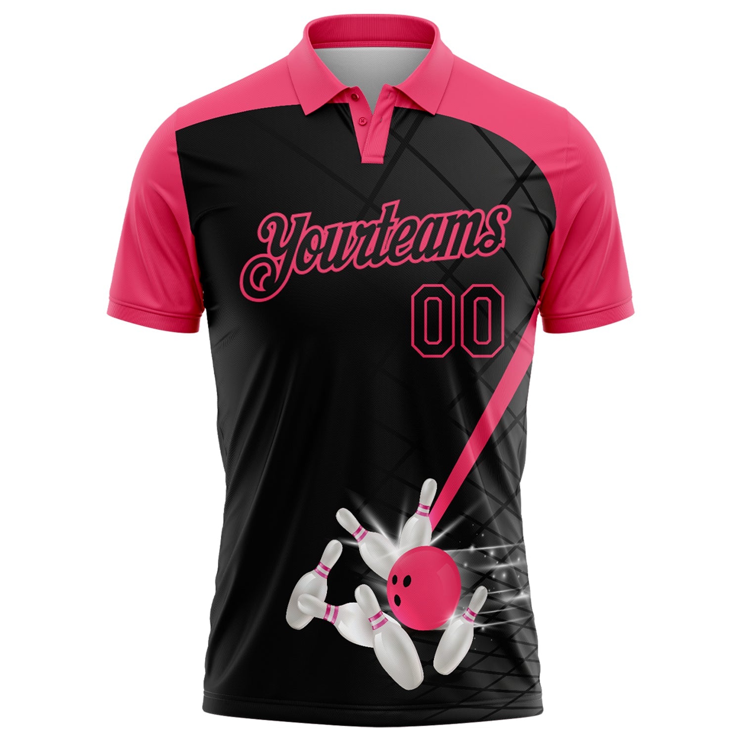 Custom Black-Neon Pink Bowling Geometric Grid Performance Polo Shirt view 2