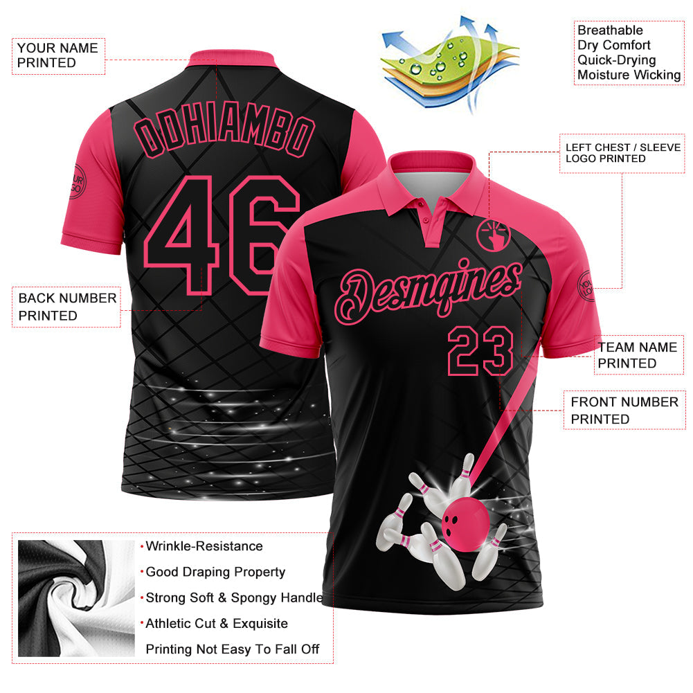 Custom Black-Neon Pink Bowling Geometric Grid Performance Polo Shirt view 3