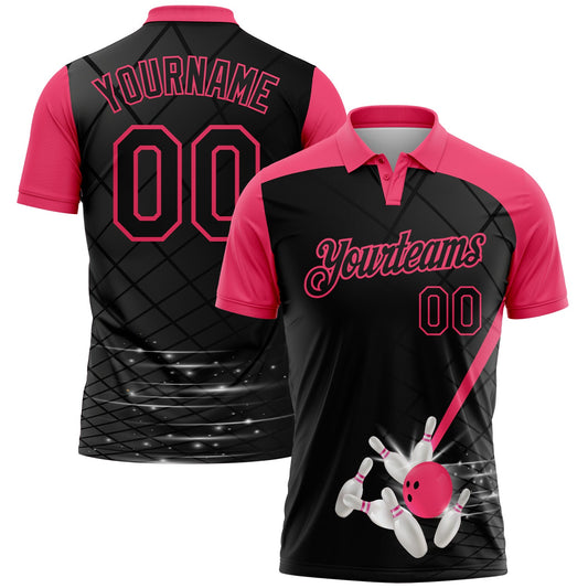 Custom Black-Neon Pink Bowling Geometric Grid Performance Polo Shirt - Main View