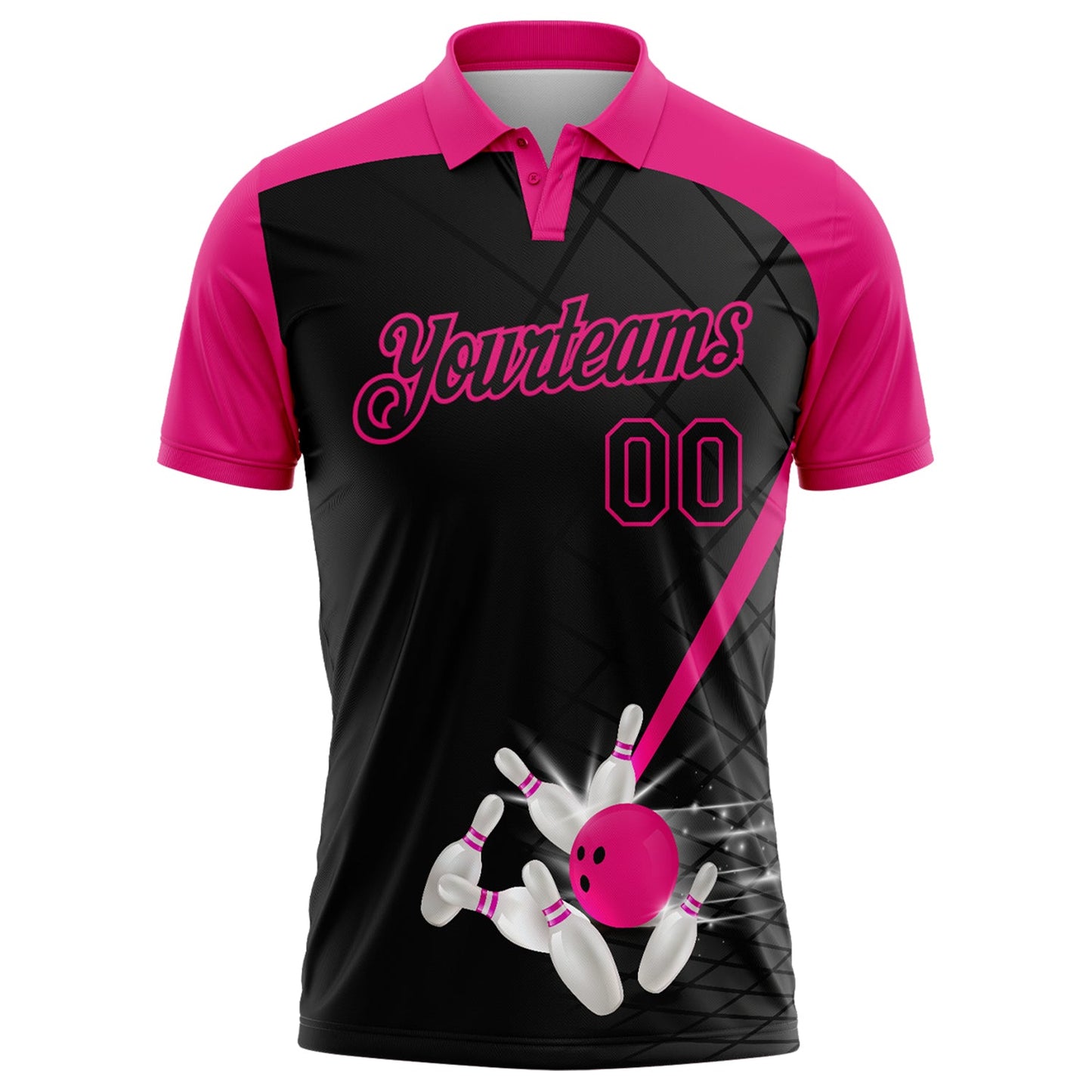 Custom Black-Hot Pink Bowling Geometric Grid Performance Polo Shirt view 2