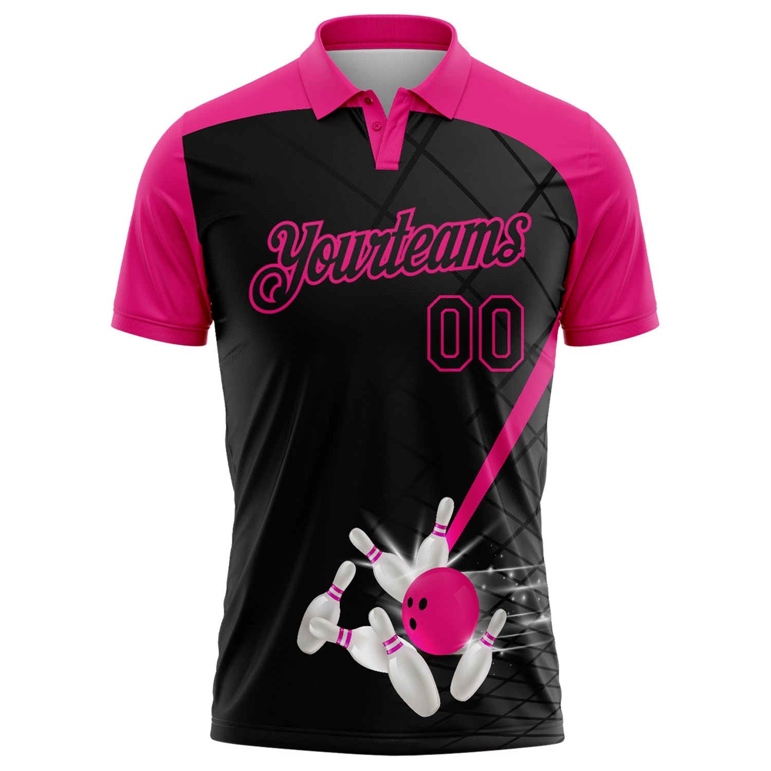Custom Black-Hot Pink Bowling Geometric Grid Performance Polo Shirt view 2