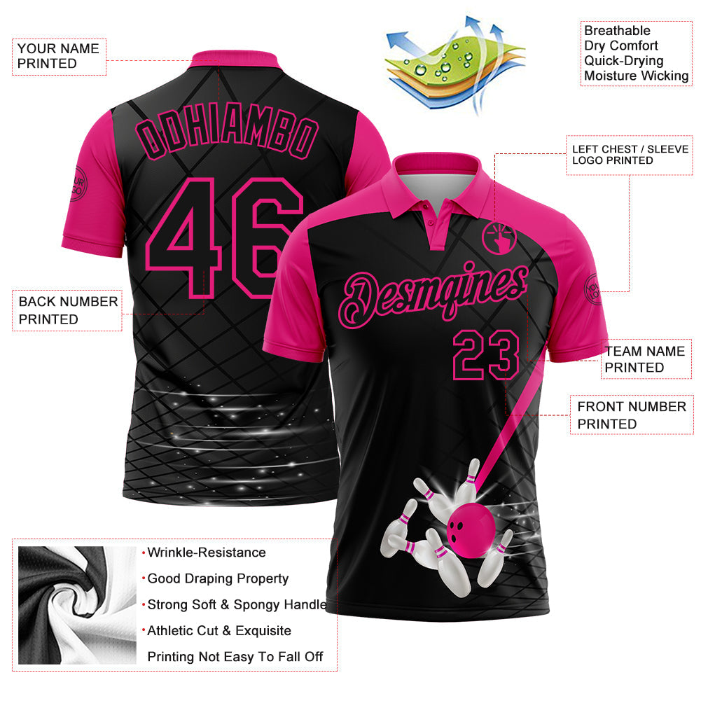 Custom Black-Hot Pink Bowling Geometric Grid Performance Polo Shirt view 3