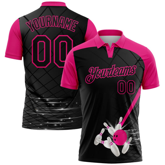 Custom Black-Hot Pink Bowling Geometric Grid Performance Polo Shirt - Main View