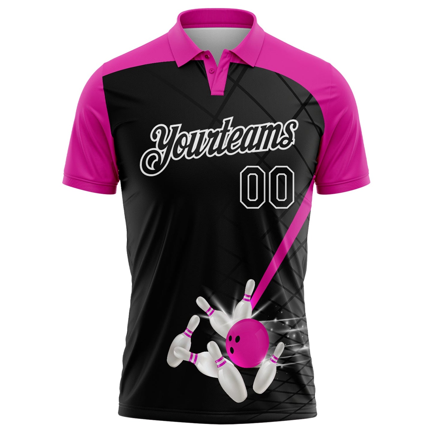 Custom Black Deep Pink-White Bowling Geometric Grid Performance Polo Shirt view 2