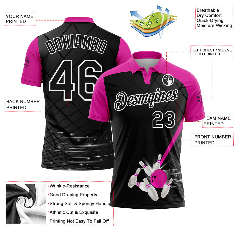 Custom Black Deep Pink-White Bowling Geometric Grid Performance Polo Shirt view 3