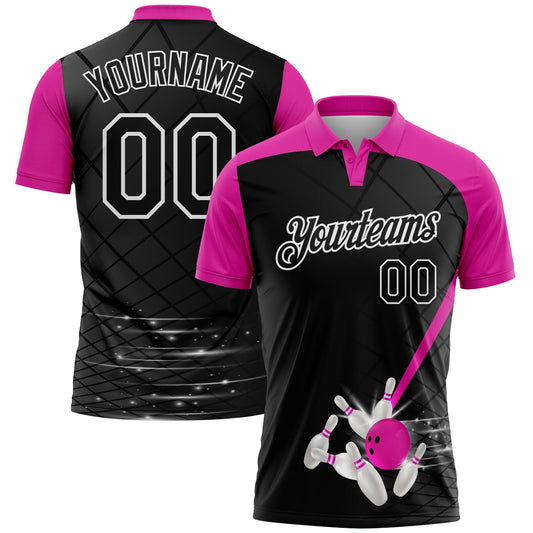Custom Black Deep Pink-White Bowling Geometric Grid Performance Polo Shirt - Main View
