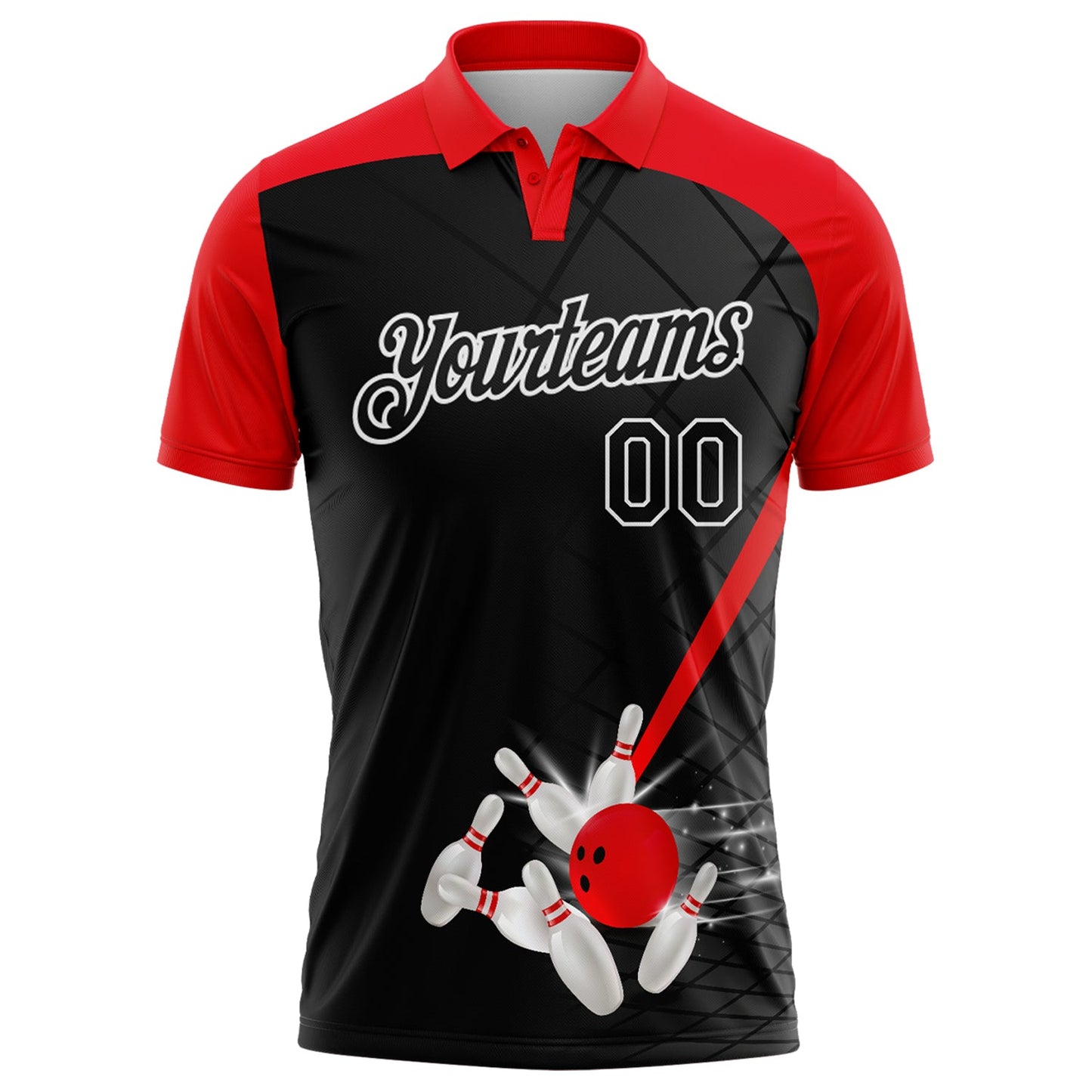 Custom Black Fire Red-White Bowling Geometric Grid Performance Polo Shirt view 2