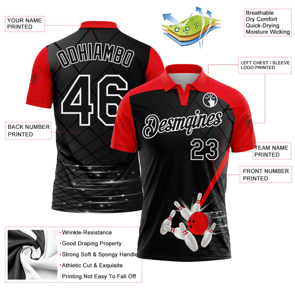 Custom Black Fire Red-White Bowling Geometric Grid Performance Polo Shirt view 3