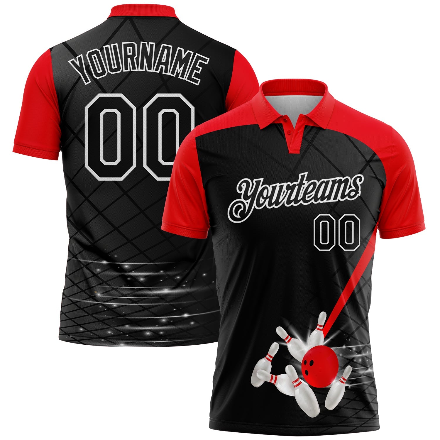 Custom Black Fire Red-White Bowling Geometric Grid Performance Polo Shirt - Main View