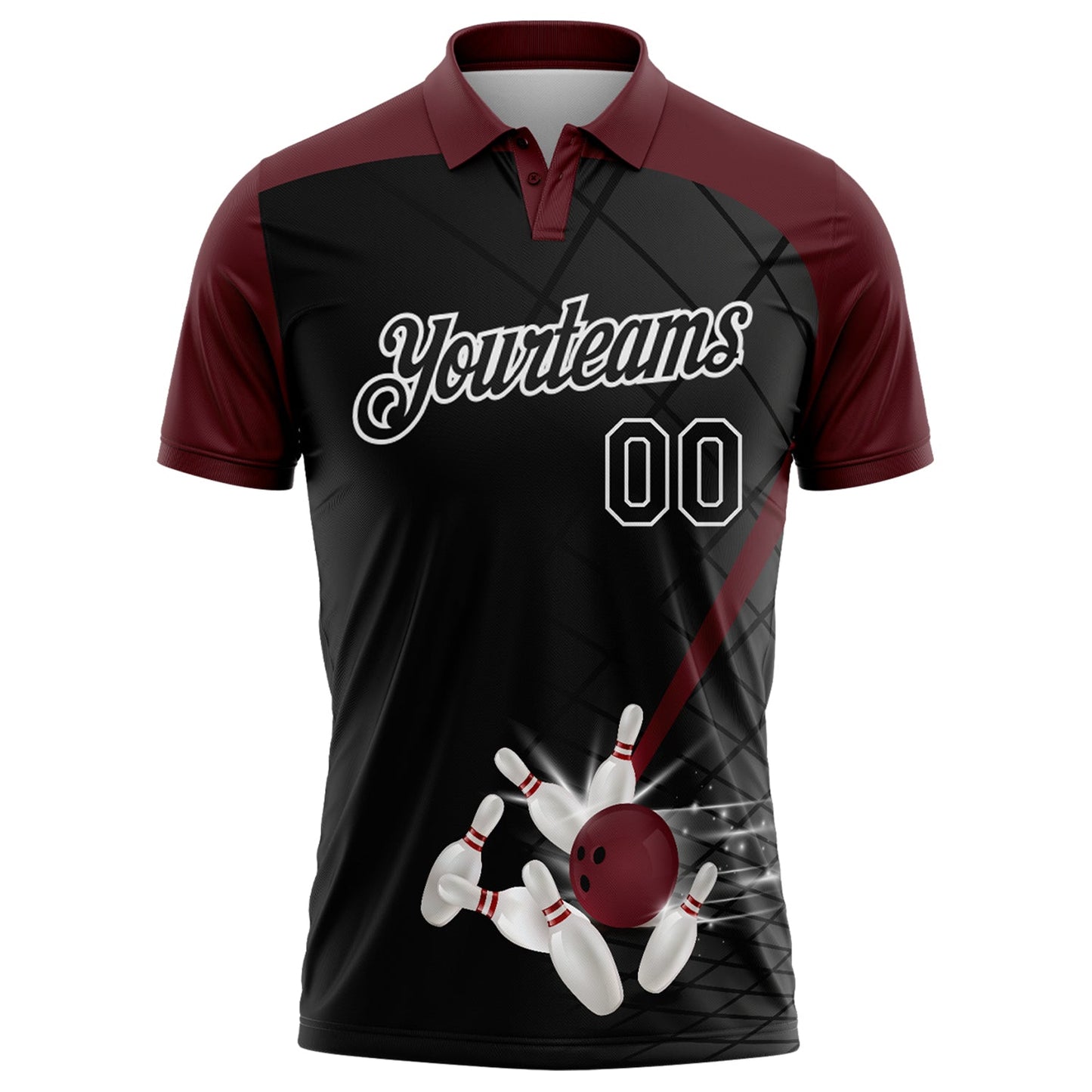 Custom Black Maroon-White Bowling Geometric Grid Performance Polo Shirt view 2