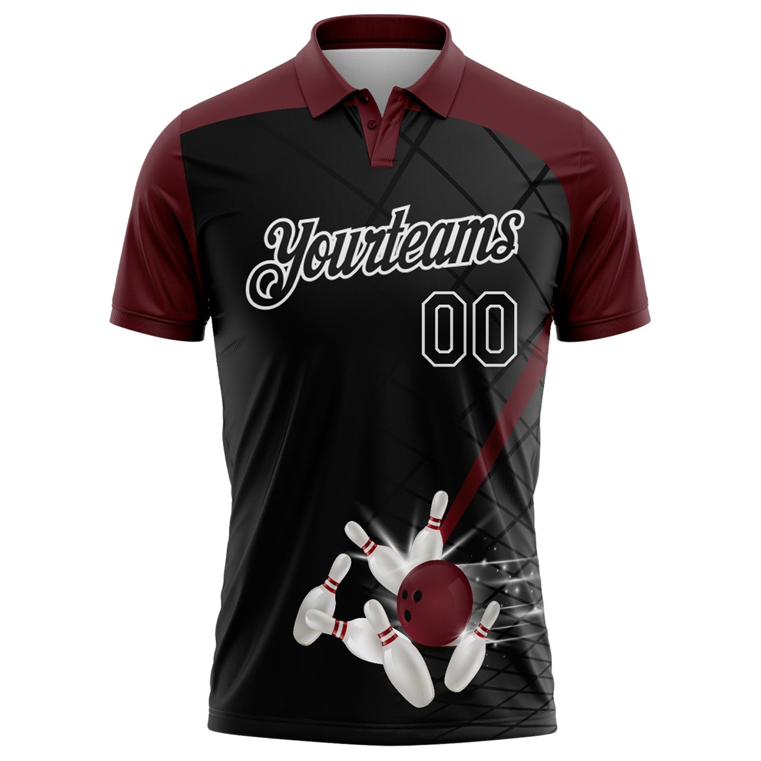 Custom Black Maroon-White Bowling Geometric Grid Performance Polo Shirt view 2
