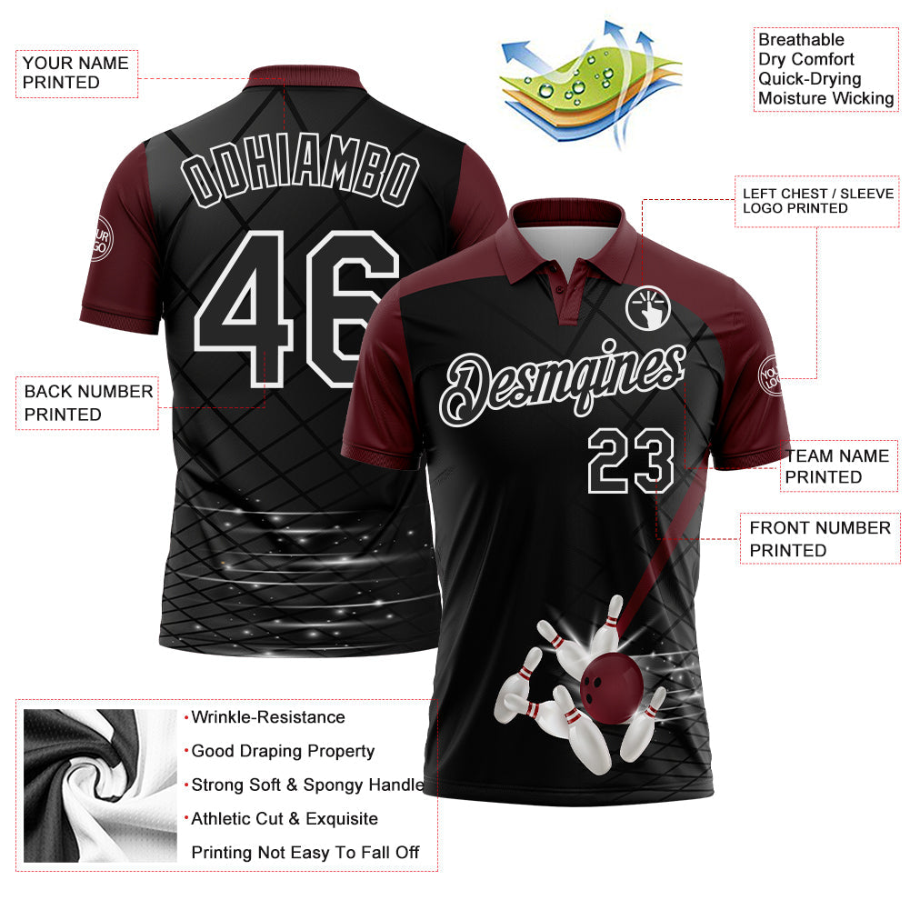 Custom Black Maroon-White Bowling Geometric Grid Performance Polo Shirt view 3