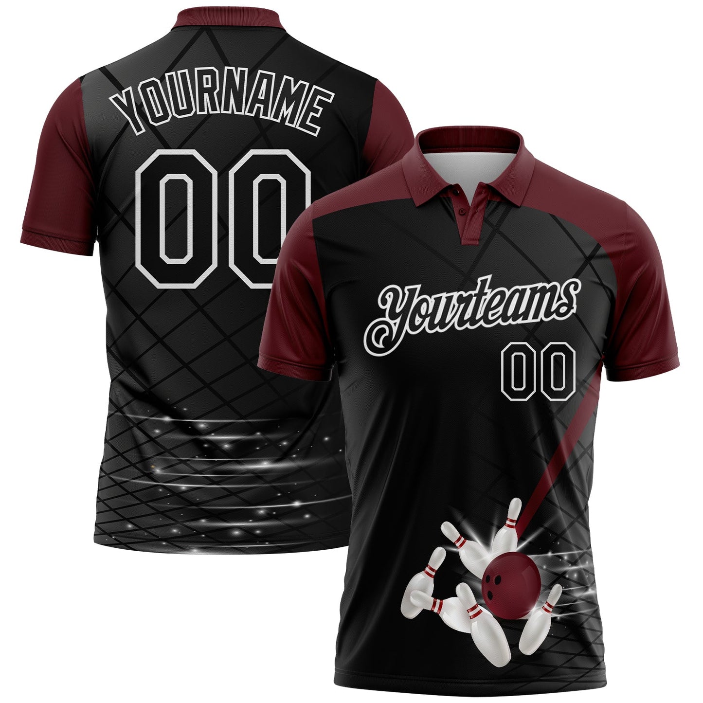 Custom Black Maroon-White Bowling Geometric Grid Performance Polo Shirt - Main View
