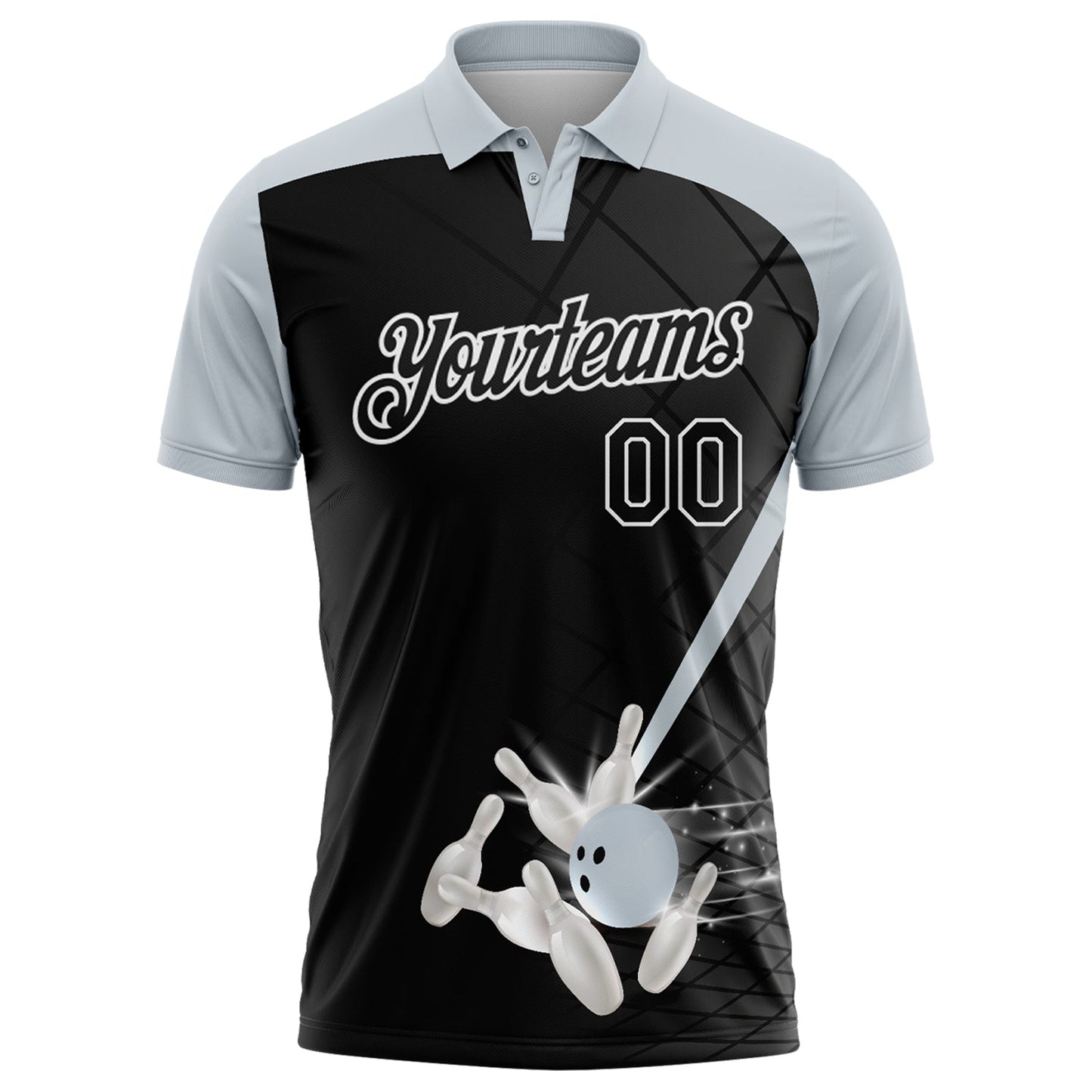 Custom Black Silver-White Bowling Geometric Grid Performance Polo Shirt view 2