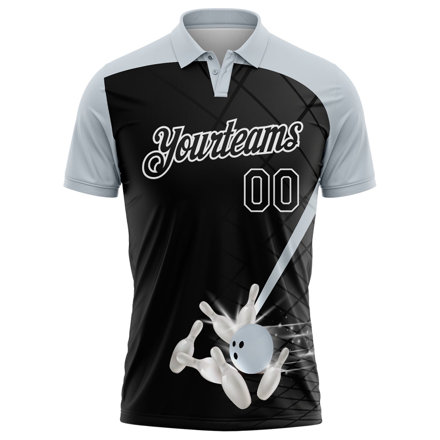 Custom Black Silver-White Bowling Geometric Grid Performance Polo Shirt view 2