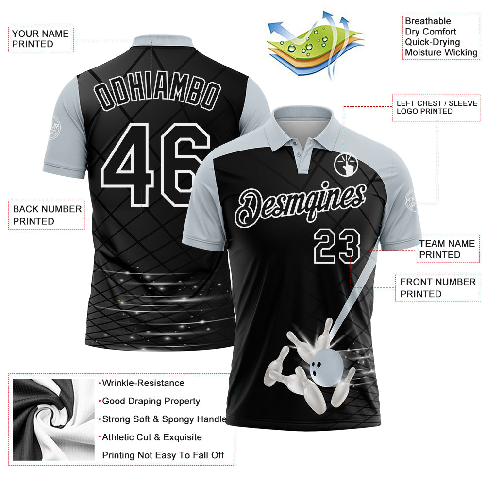 Custom Black Silver-White Bowling Geometric Grid Performance Polo Shirt view 3