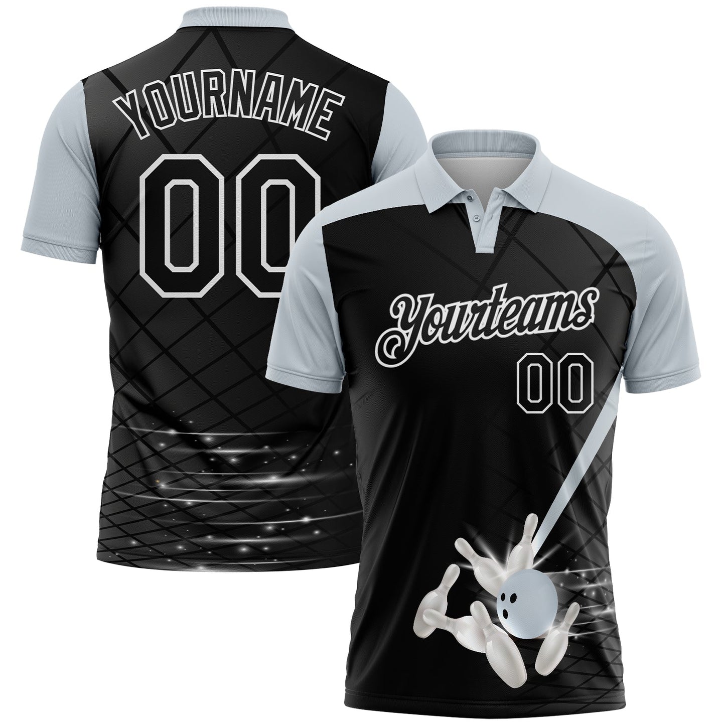 Custom Black Silver-White Bowling Geometric Grid Performance Polo Shirt - Main View