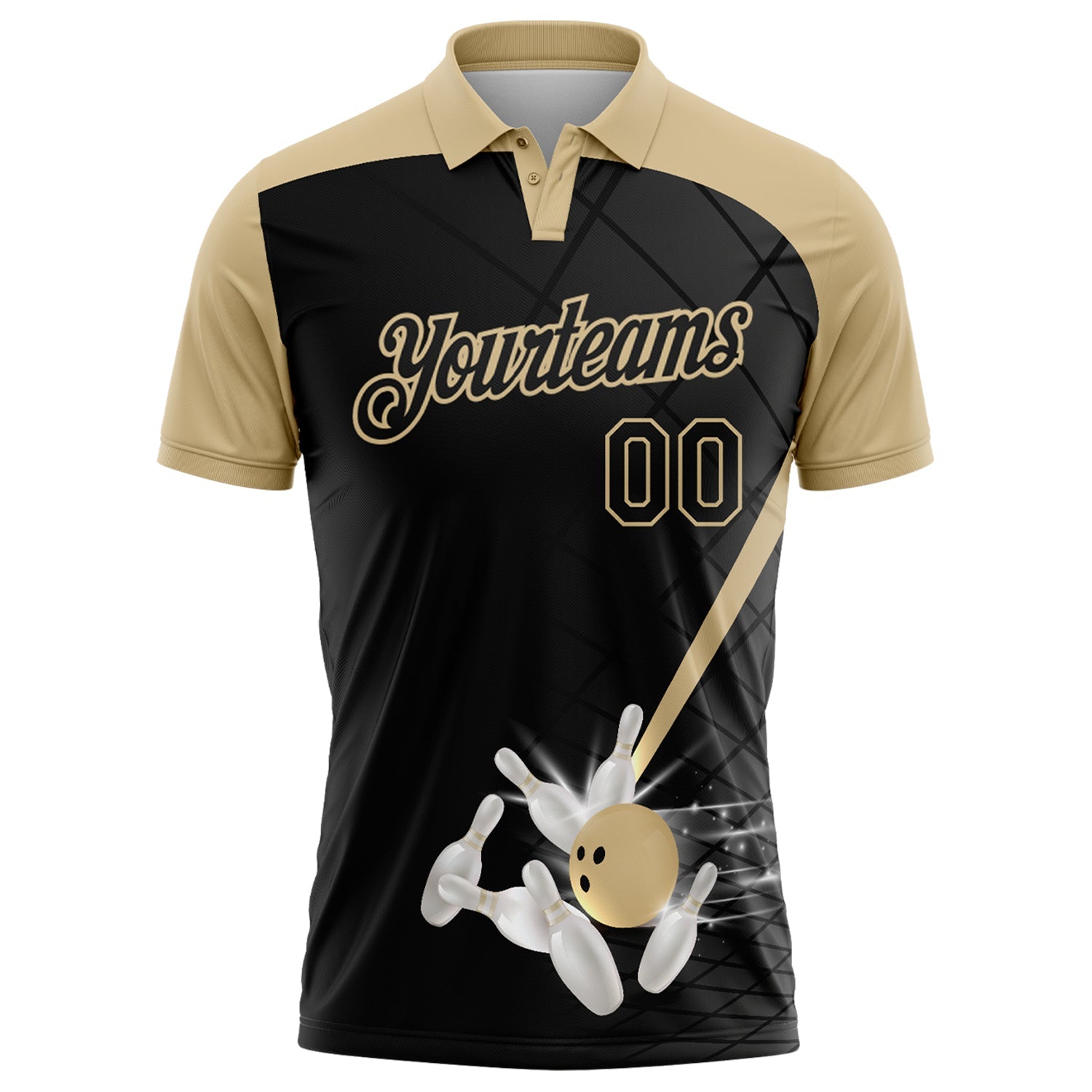 Custom Black-Vegas Gold Bowling Geometric Grid Performance Polo Shirt view 2