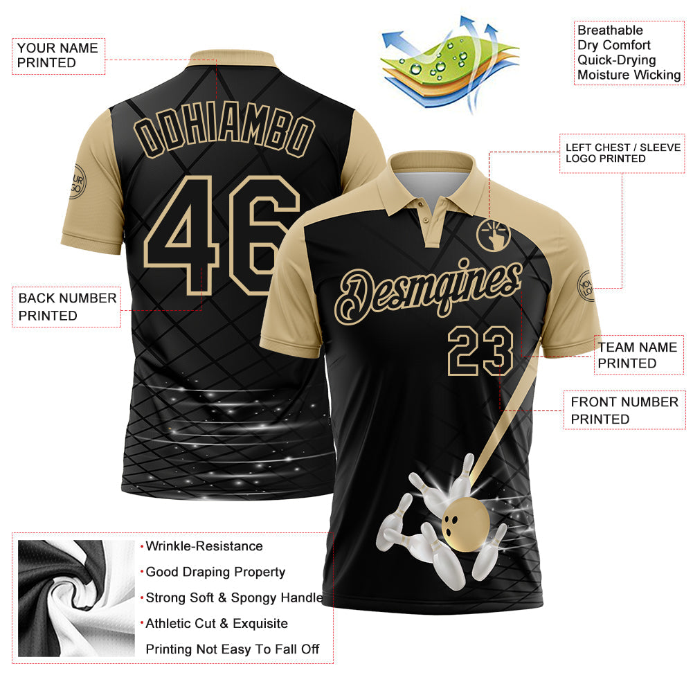 Custom Black-Vegas Gold Bowling Geometric Grid Performance Polo Shirt view 3