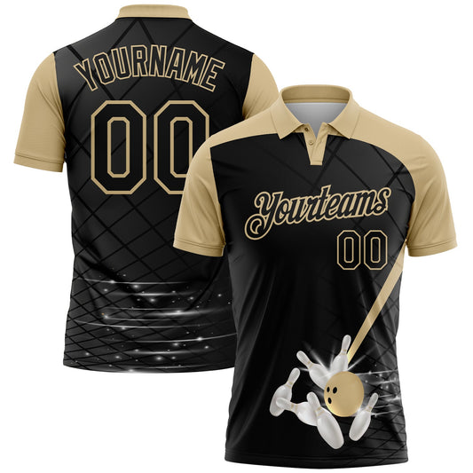 Custom Black-Vegas Gold Bowling Geometric Grid Performance Polo Shirt - Main View