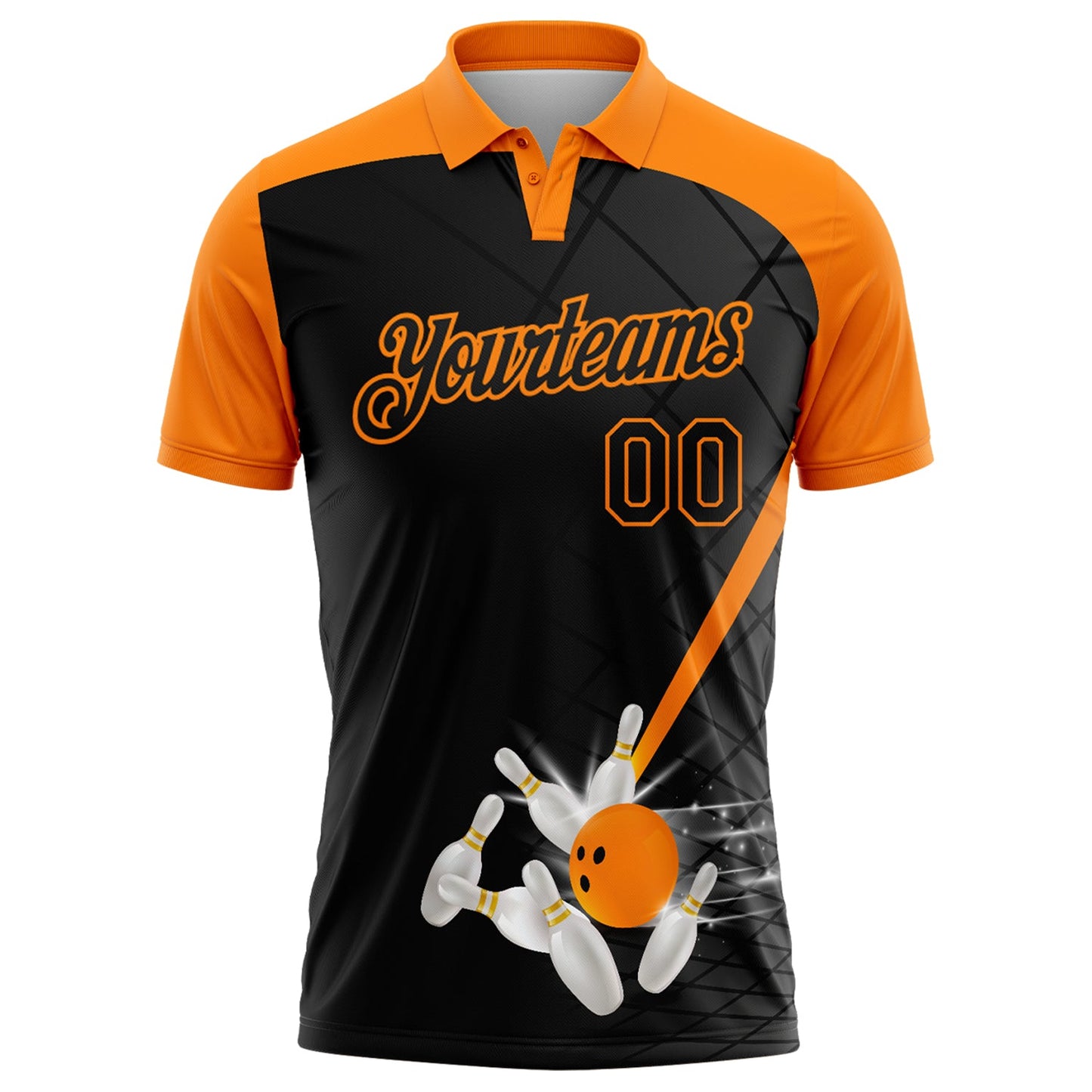 Custom Black-Bay Orange Bowling Geometric Grid Performance Polo Shirt view 2