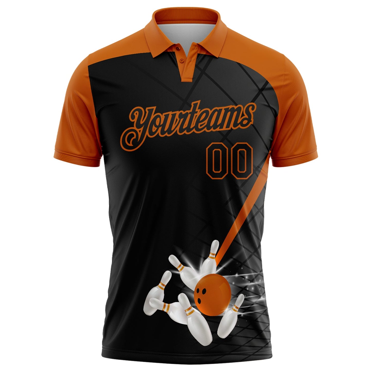 Custom Black-Texas Orange Bowling Geometric Grid Performance Polo Shirt view 2