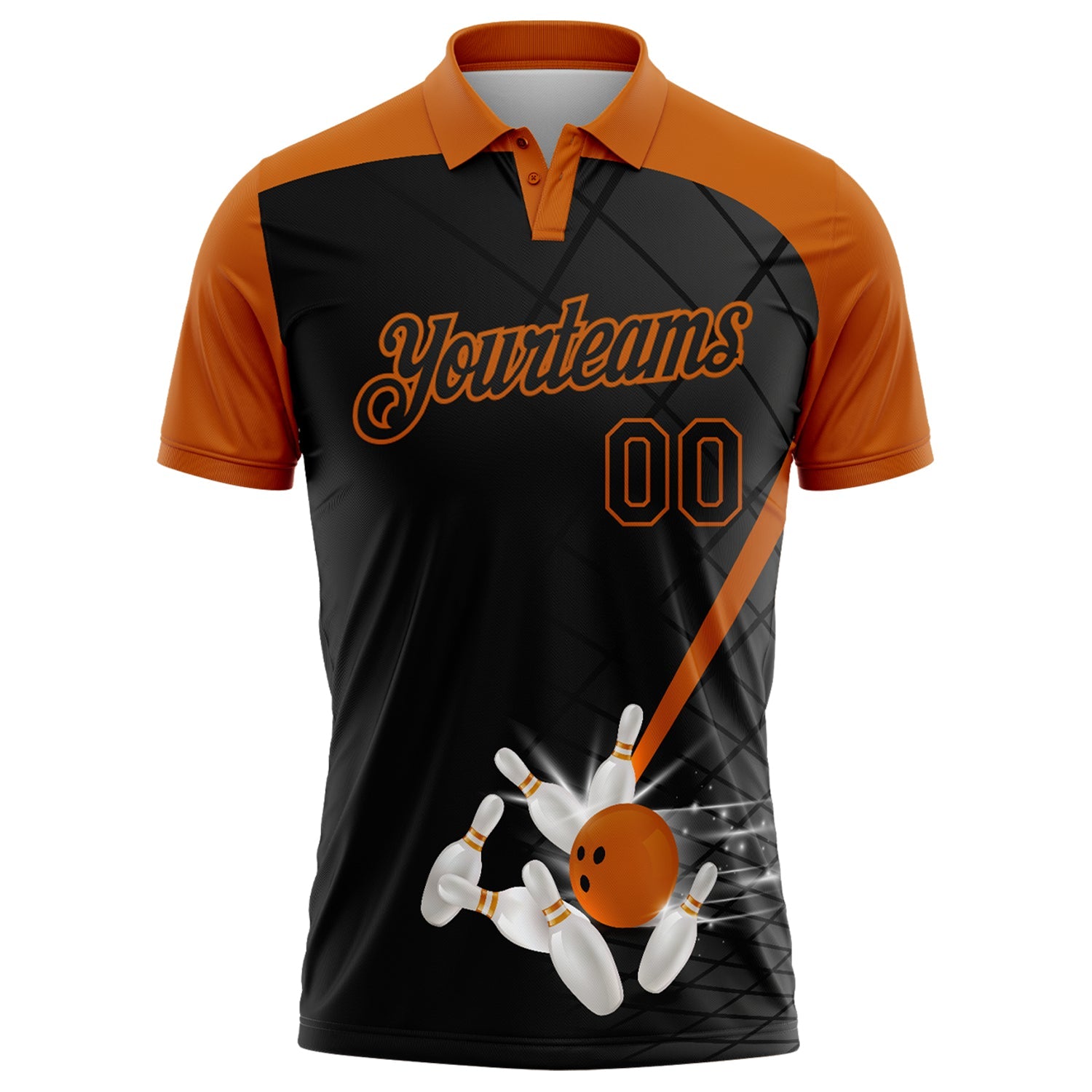 Custom Black-Texas Orange Bowling Geometric Grid Performance Polo Shirt view 2