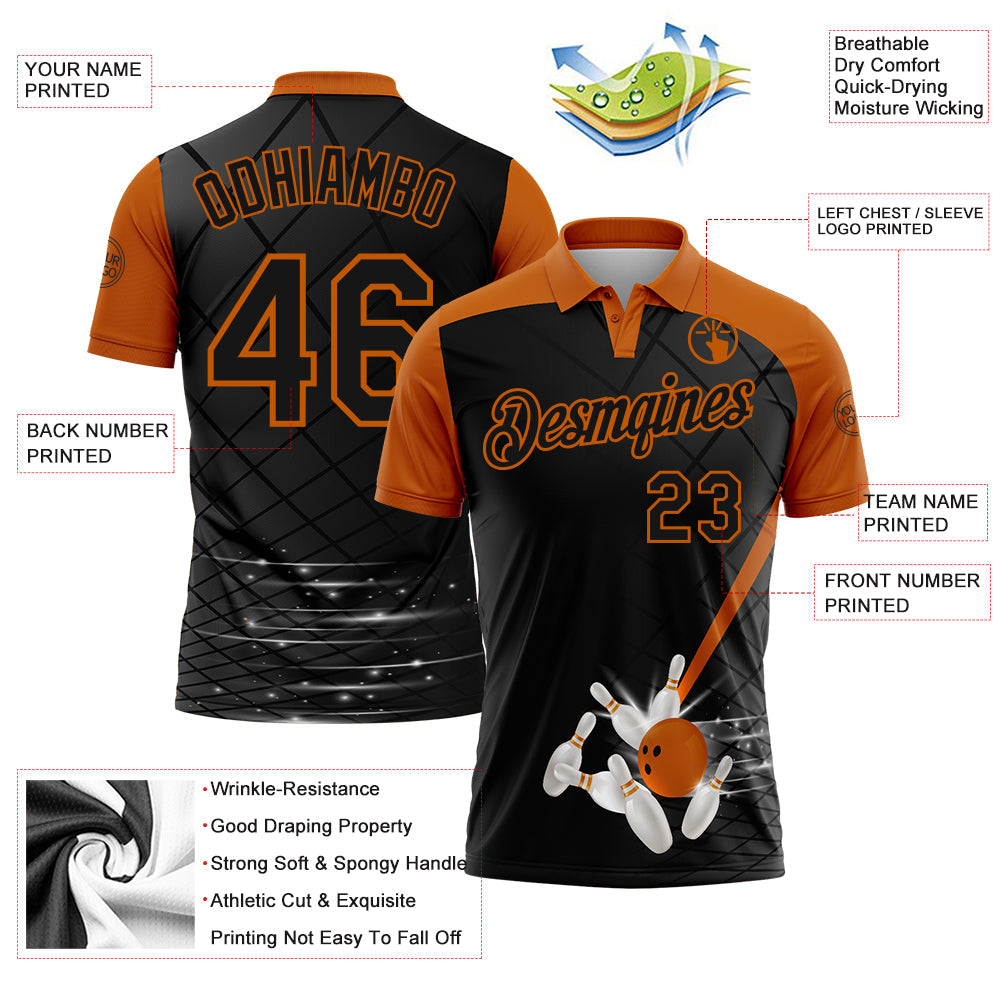 Custom Black-Texas Orange Bowling Geometric Grid Performance Polo Shirt view 3