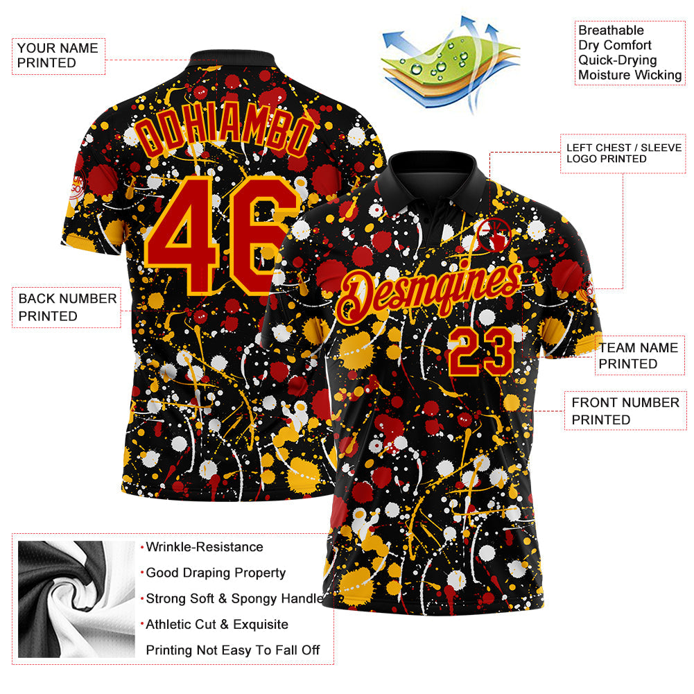 Custom Graffiti Pattern Red Black Gold-White Vibrant Multi-Color Abstract Splatter Performance Polo Shirt view 3