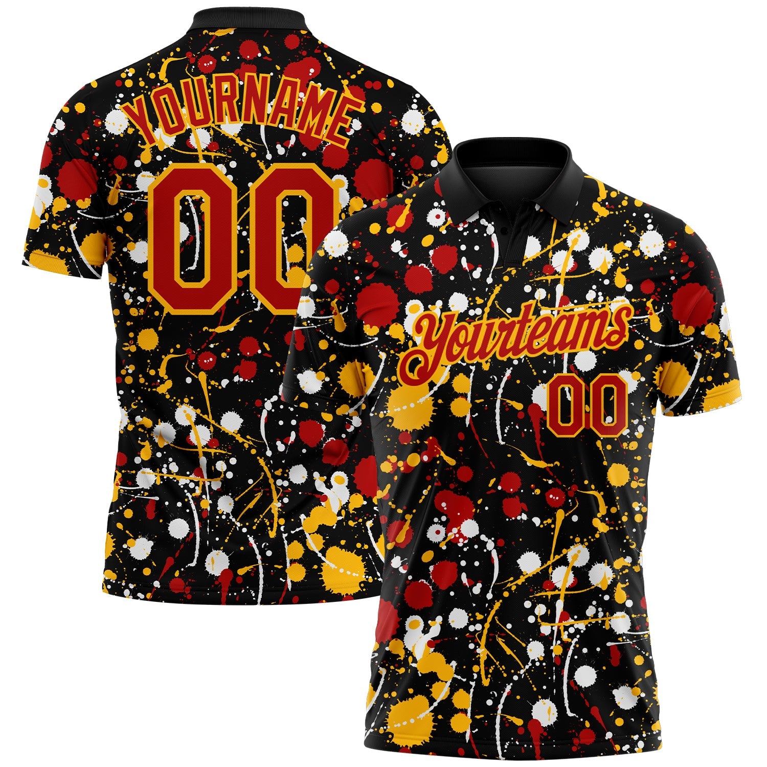 Custom Graffiti Pattern Red Black Gold-White Vibrant Multi-Color Abstract Splatter Performance Polo Shirt - Main View
