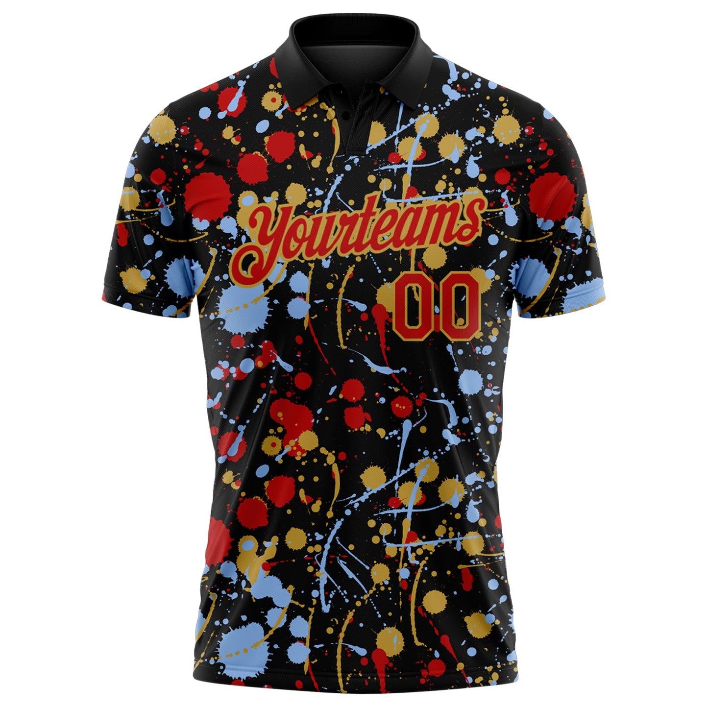 Custom Graffiti Pattern Red Black Light Blue-Old Gold Vibrant Multi-Color Abstract Splatter Performance Polo Shirt view 2