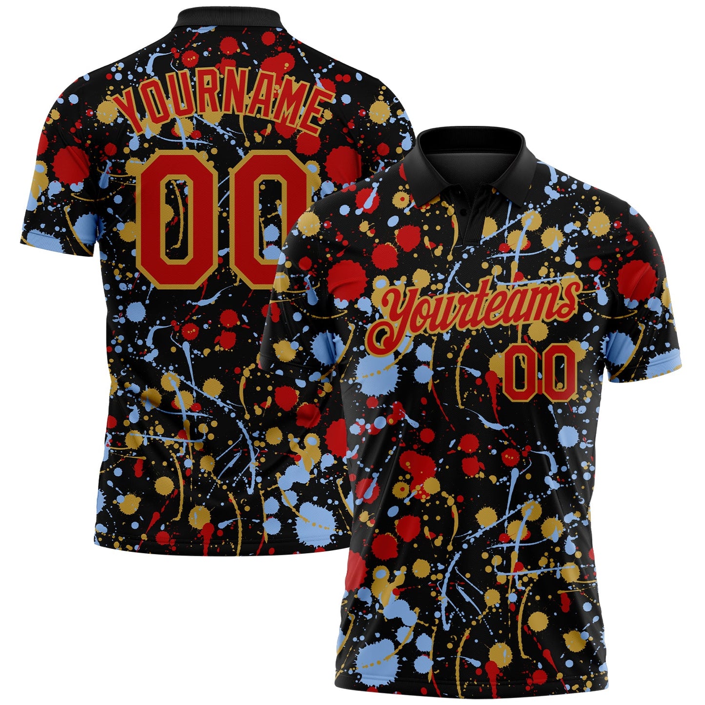 Custom Graffiti Pattern Red Black Light Blue-Old Gold Vibrant Multi-Color Abstract Splatter Performance Polo Shirt - Main View