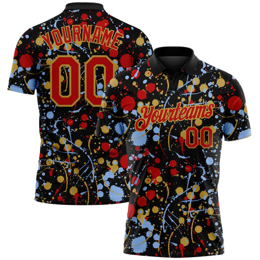 Custom Graffiti Pattern Red Black Light Blue-Old Gold Vibrant Multi-Color Abstract Splatter Performance Polo Shirt - Main View