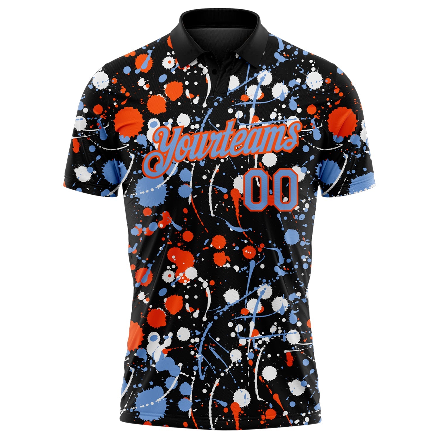 Custom Graffiti Pattern Powder Blue Black Orange-White Vibrant Multi-Color Abstract Splatter Performance Polo Shirt view 2