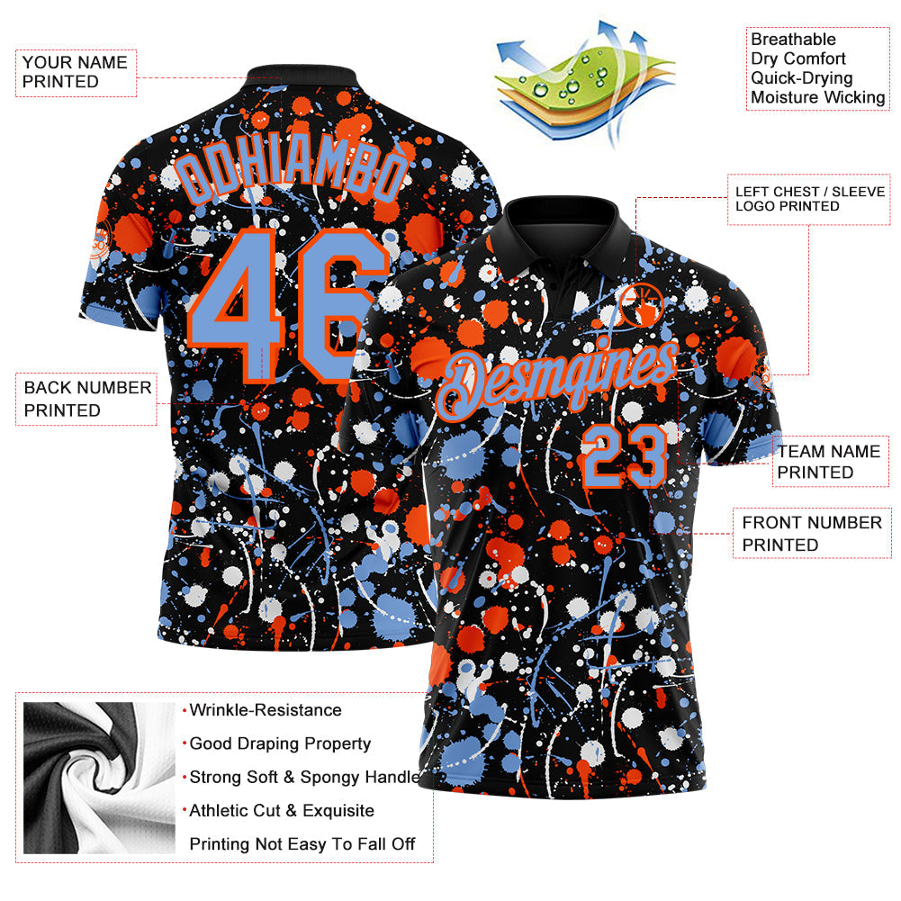 Custom Graffiti Pattern Powder Blue Black Orange-White Vibrant Multi-Color Abstract Splatter Performance Polo Shirt view 3
