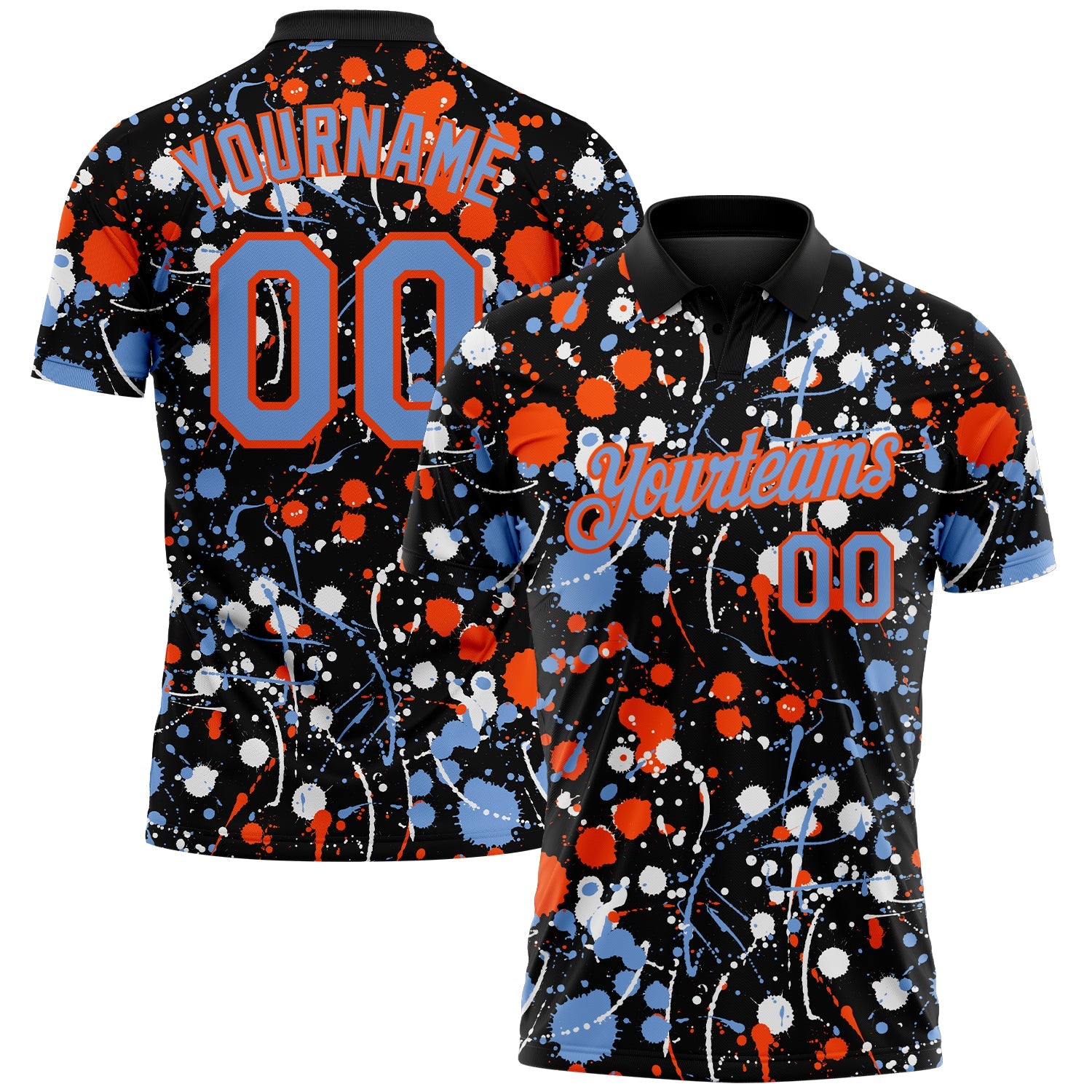 Custom Graffiti Pattern Powder Blue Black Orange-White Vibrant Multi-Color Abstract Splatter Performance Polo Shirt - Main View