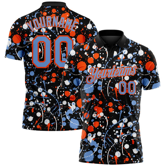 Custom Graffiti Pattern Powder Blue Black Orange-White Vibrant Multi-Color Abstract Splatter Performance Polo Shirt - Main View