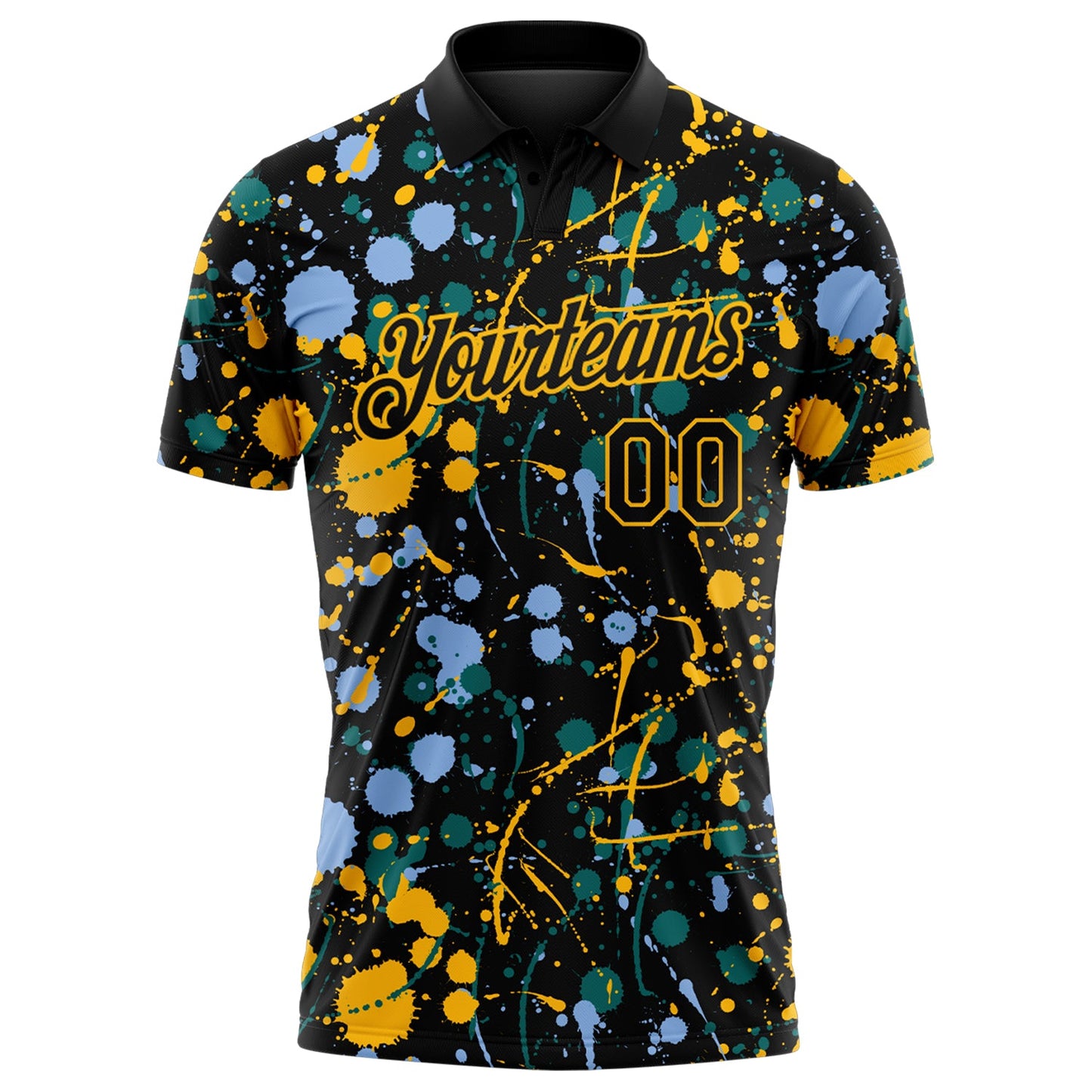 Custom Graffiti Pattern Black Light Blue Gold-Teal Vibrant Multi-Color Abstract Splatter Performance Polo Shirt view 2
