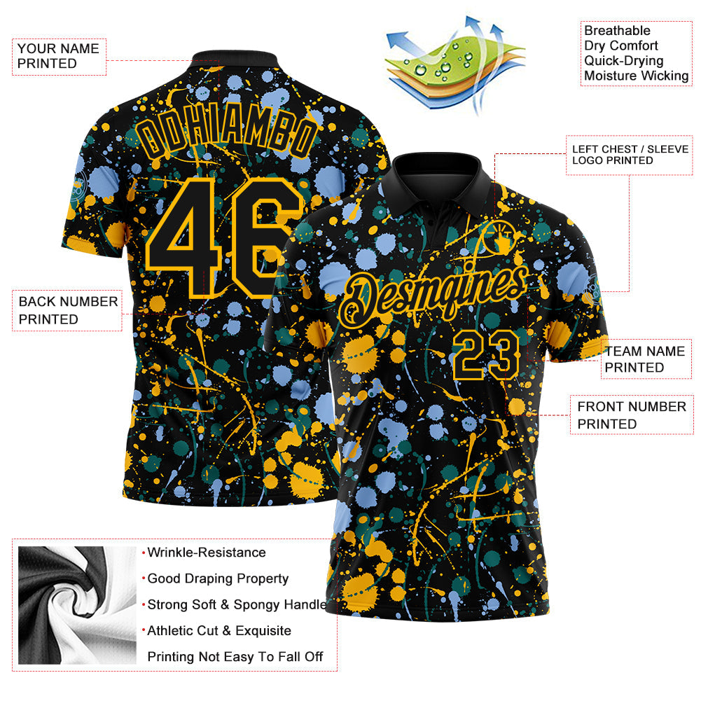 Custom Graffiti Pattern Black Light Blue Gold-Teal Vibrant Multi-Color Abstract Splatter Performance Polo Shirt view 3