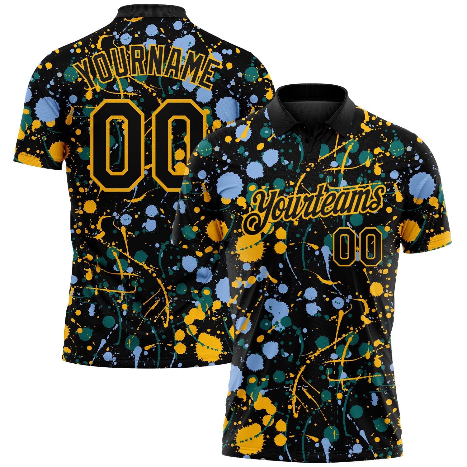 Custom Graffiti Pattern Black Light Blue Gold-Teal Vibrant Multi-Color Abstract Splatter Performance Polo Shirt - Main View