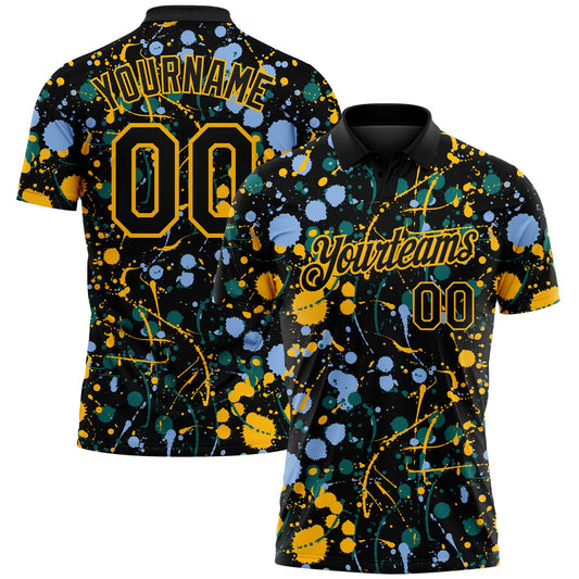 Custom Graffiti Pattern Black Light Blue Gold-Teal Vibrant Multi-Color Abstract Splatter Performance Polo Shirt - Main View