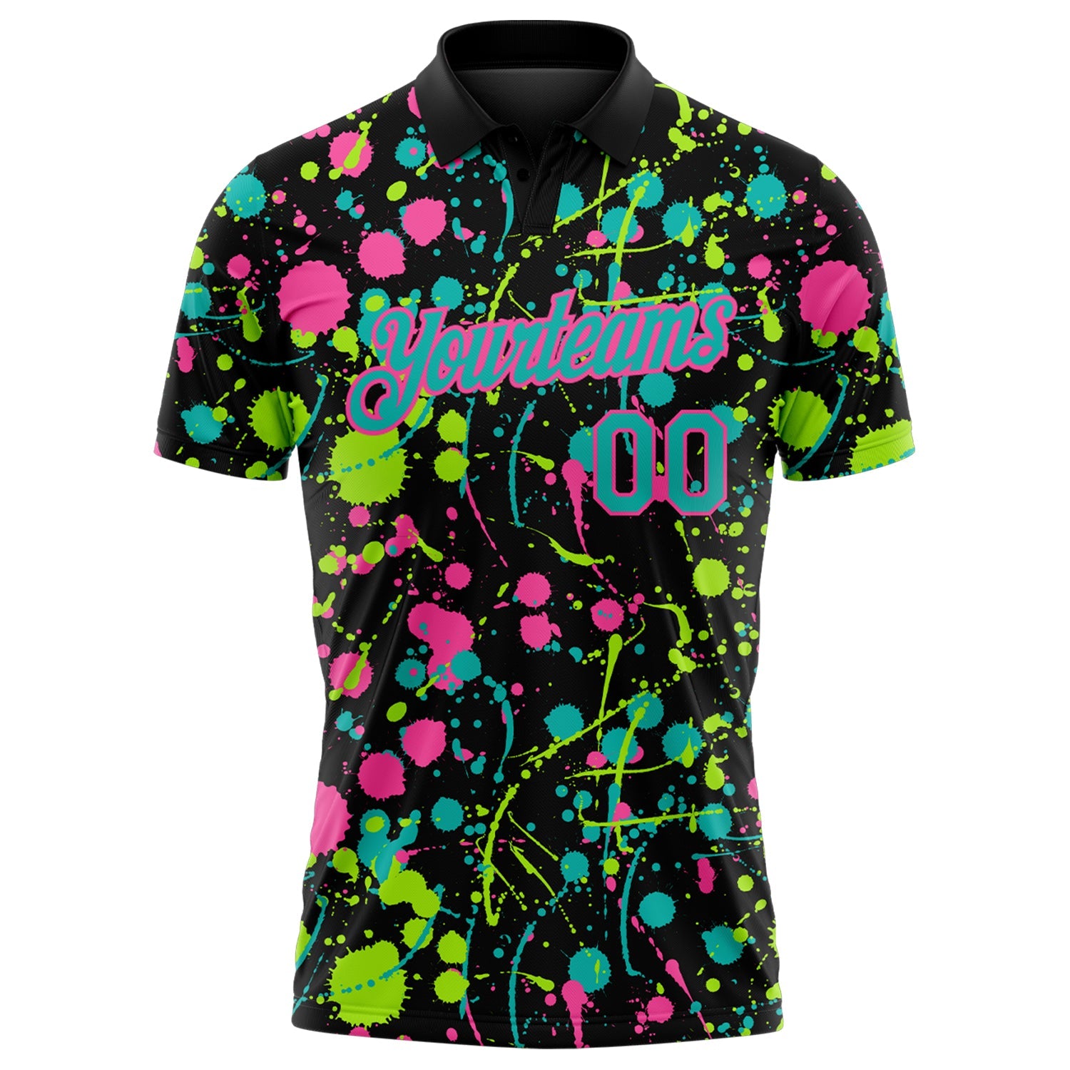 Custom Graffiti Pattern Aqua Black Pink-Neon Green Vibrant Multi-Color Abstract Splatter Performance Polo Shirt view 2