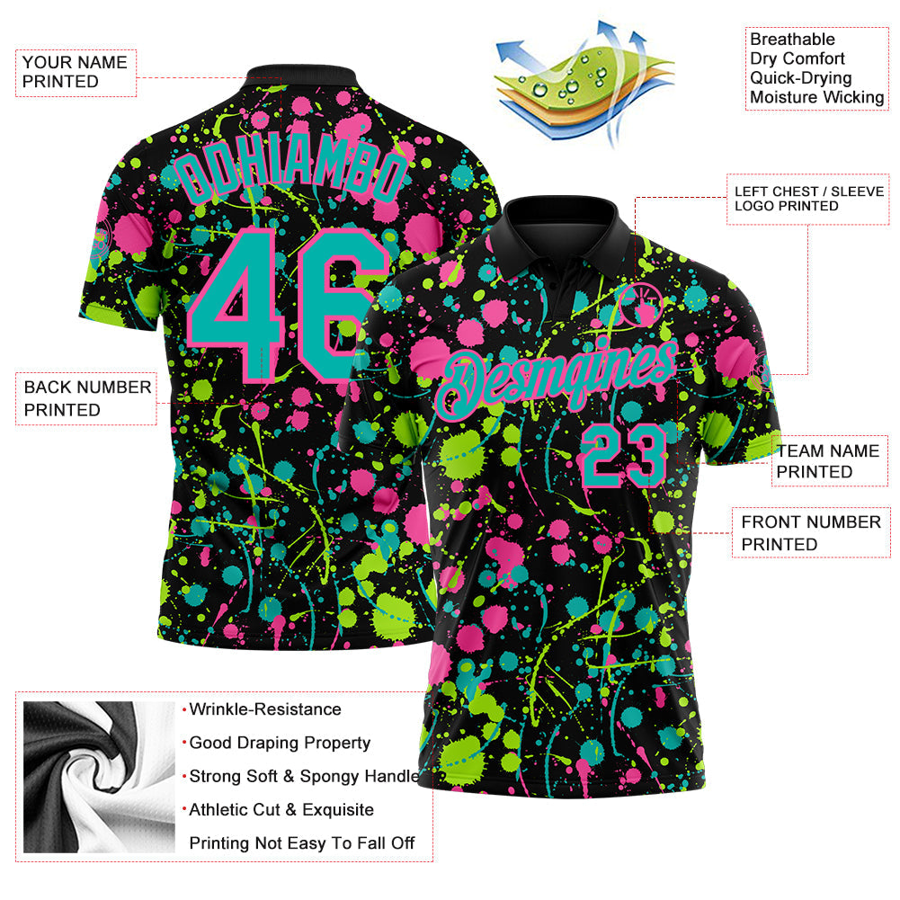 Custom Graffiti Pattern Aqua Black Pink-Neon Green Vibrant Multi-Color Abstract Splatter Performance Polo Shirt view 3