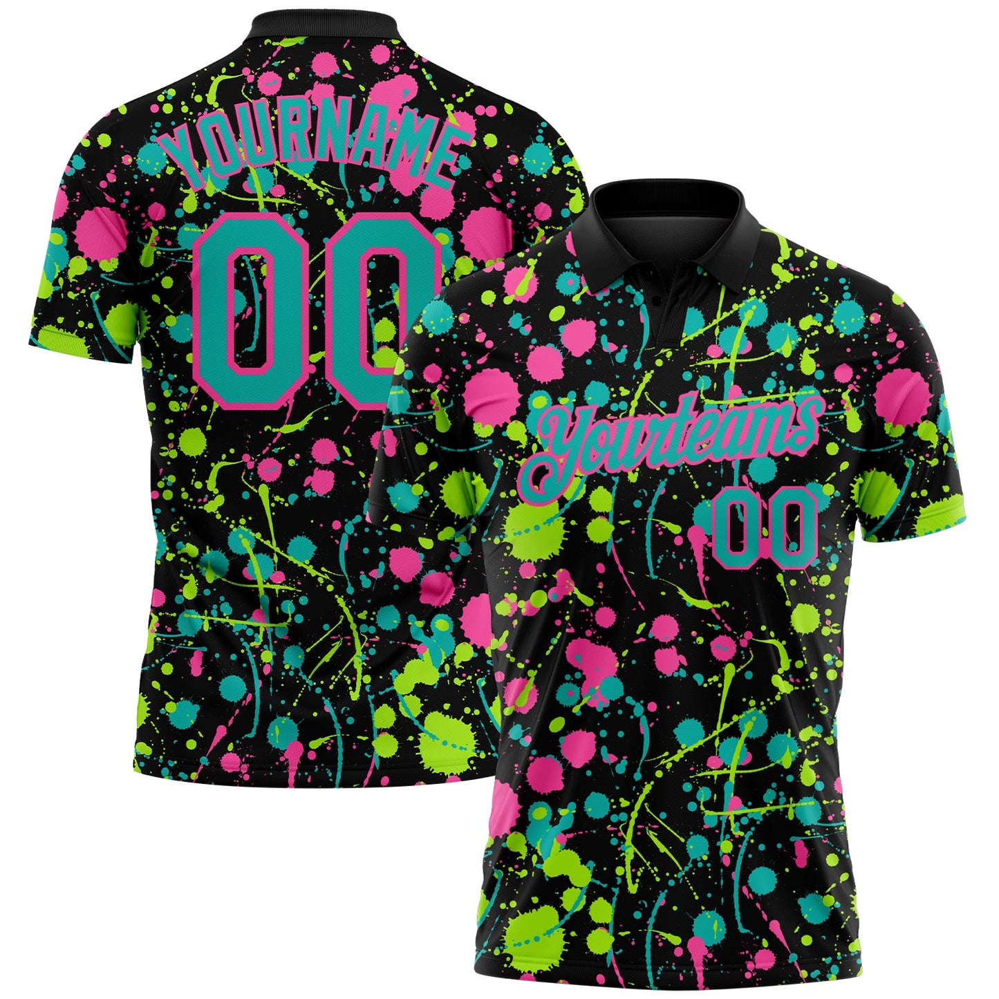Custom Graffiti Pattern Aqua Black Pink-Neon Green Vibrant Multi-Color Abstract Splatter Performance Polo Shirt - Main View