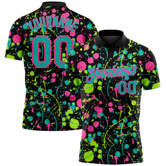 Custom Graffiti Pattern Aqua Black Pink-Neon Green Vibrant Multi-Color Abstract Splatter Performance Polo Shirt - Main View