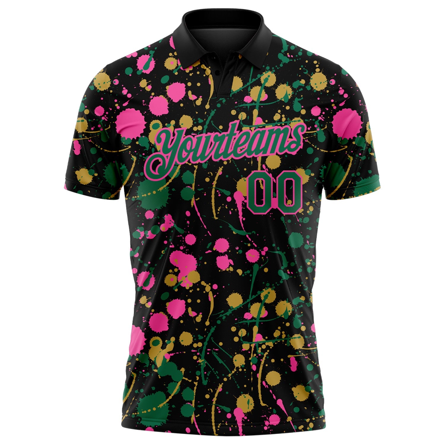 Custom Graffiti Pattern Kelly Green Black Pink-Old Gold Vibrant Multi-Color Abstract Splatter Performance Polo Shirt view 2